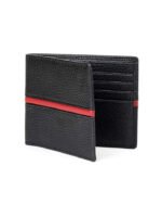 Handmade Black Genuine Leather Bifold Wallet with Red Accent Stripe – Premium Slim Card Holder