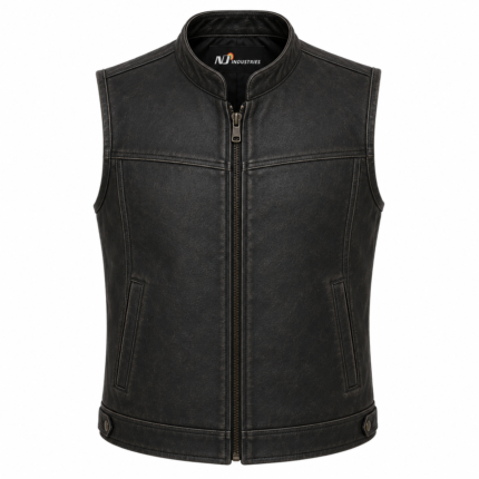 Midnight Frontier Leather Vest – Minimalist Zip-Up Rider Vest