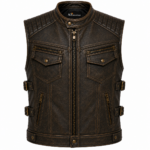 Distressed Black Leather Biker Vest – Quilted Motorcycle Vest with Utility Pockets