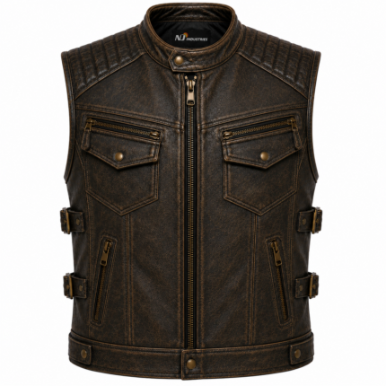 Distressed Black Leather Biker Vest – Quilted Motorcycle Vest with Utility Pockets
