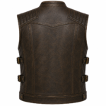 Distressed Black Leather Biker Vest – Quilted Motorcycle Vest with Utility Pockets