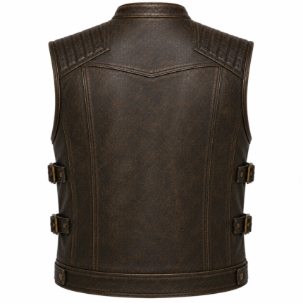 Distressed Black Leather Biker Vest – Quilted Motorcycle Vest with Utility Pockets