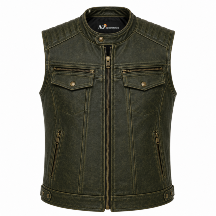 Vintage Olive Leather Motorcycle Vest – Quilted Biker Leather Vest