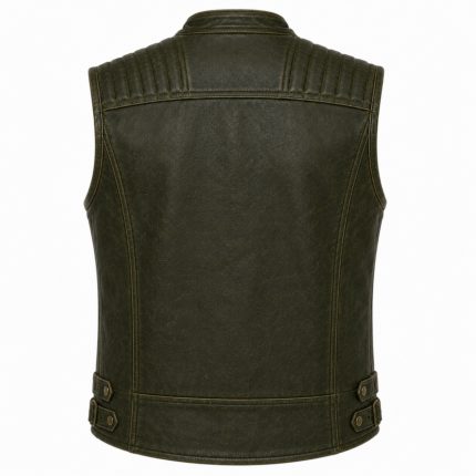 Vintage Olive Leather Motorcycle Vest – Quilted Biker Leather Vest