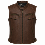 Heritage Brown Leather Motorcycle Vest – Classic Quilted Biker Vest