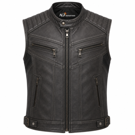 Stealth Black Leather Motorcycle Vest – Premium Quilted Biker Vest