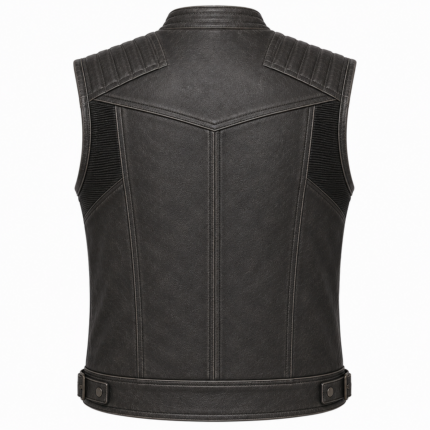 Stealth Black Leather Motorcycle Vest – Premium Quilted Biker Vest