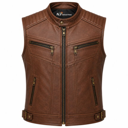 Classic Cognac Leather Motorcycle Vest – Premium Quilted Biker Vest