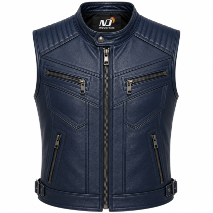 Midnight Blue Leather Motorcycle Vest – Premium Quilted Rider Vest