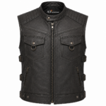 Black Leather Biker Vest – Quilted Motorcycle Riding Vest with Side Buckles