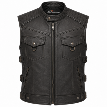 Black Leather Biker Vest – Quilted Motorcycle Riding Vest with Side Buckles