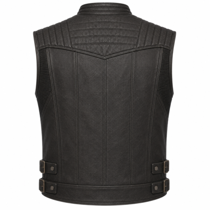 Black Leather Biker Vest – Quilted Motorcycle Riding Vest with Side Buckles