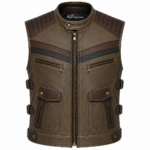 Vintage Brown Leather Motorcycle Vest – Distressed Biker Vest with Utility Pockets