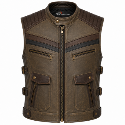 Vintage Brown Leather Motorcycle Vest – Distressed Biker Vest with Utility Pockets
