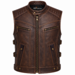 Vintage Brown Leather Biker Vest – Distressed Motorcycle Riding Vest with Quilted Shoulders