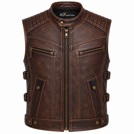 Vintage Brown Leather Biker Vest – Distressed Motorcycle Riding Vest with Quilted Shoulders