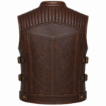 Vintage Brown Leather Biker Vest – Distressed Motorcycle Riding Vest with Quilted Shoulders