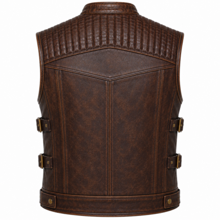 Vintage Brown Leather Biker Vest – Distressed Motorcycle Riding Vest with Quilted Shoulders