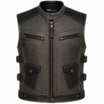 Charcoal Black Leather Biker Vest – Quilted Motorcycle Vest with Utility Pockets