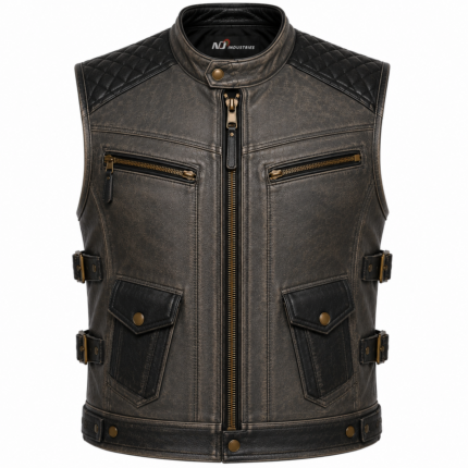 Charcoal Black Leather Biker Vest – Quilted Motorcycle Vest with Utility Pockets