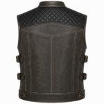 Charcoal Black Leather Biker Vest – Quilted Motorcycle Vest with Utility Pockets