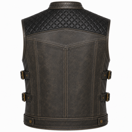 Charcoal Black Leather Biker Vest – Quilted Motorcycle Vest with Utility Pockets