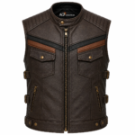 Two-Tone Brown Leather Biker Vest – Quilted Motorcycle Riding Vest with Side Buckles