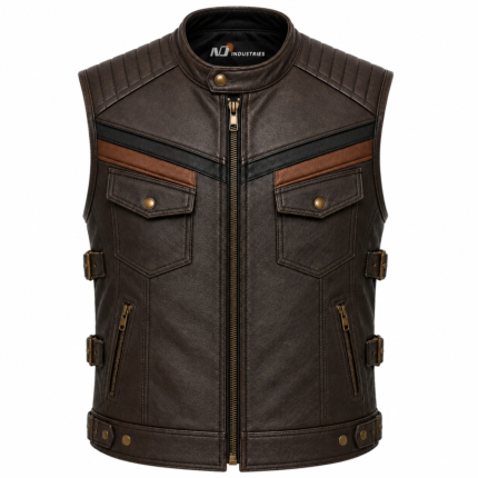 Two-Tone Brown Leather Biker Vest – Quilted Motorcycle Riding Vest with Side Buckles