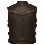 Two-Tone Brown Leather Biker Vest – Quilted Motorcycle Riding Vest with Side Buckles
