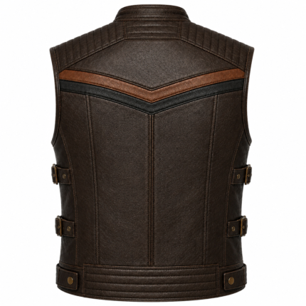 Two-Tone Brown Leather Biker Vest – Quilted Motorcycle Riding Vest with Side Buckles