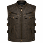 Vintage Distressed Leather Biker Vest – Men's Motorcycle Vest with Utility Pockets & Side Buckles