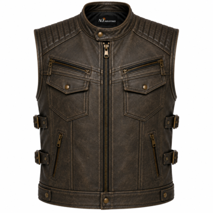 Vintage Distressed Leather Biker Vest – Men's Motorcycle Vest with Utility Pockets & Side Buckles