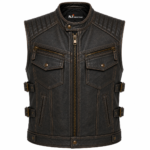 Men's Distressed Leather Motorcycle Vest – Vintage Biker Vest with Utility Chest Pockets & Adjustable Side Buckles