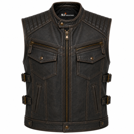 Men's Distressed Leather Motorcycle Vest – Vintage Biker Vest with Utility Chest Pockets & Adjustable Side Buckles