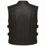 Men's Distressed Leather Motorcycle Vest – Vintage Biker Vest with Utility Chest Pockets & Adjustable Side Buckles