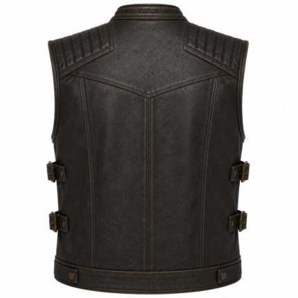 Men's Distressed Leather Motorcycle Vest – Vintage Biker Vest with Utility Chest Pockets & Adjustable Side Buckles